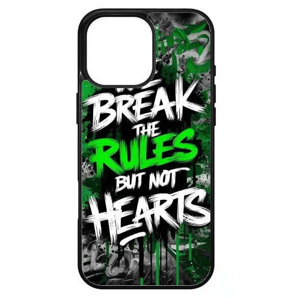Husă iPhone 16 — design „Break the Rules”, verde lime și alb pe negru