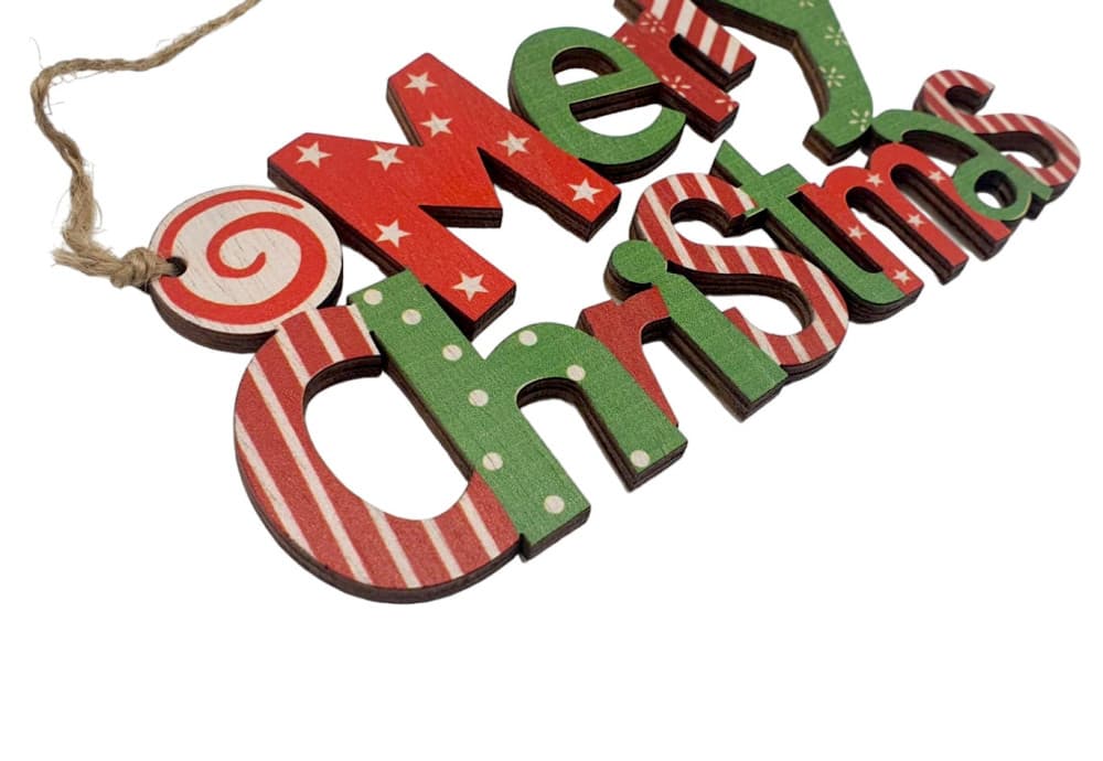 Decoratiune Craciun din lemn, Merry Christmas, rosu/verde — varianta 2