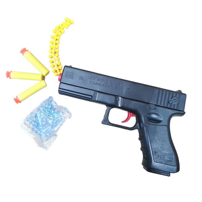 Pistol de jucarie tip Glock 18, incarcare manuala, 18 cm, 3 gloante moi din spuma cu ventuza, bile de gel orbeez si bile flexibile de silicon, negru lucios — varianta 4