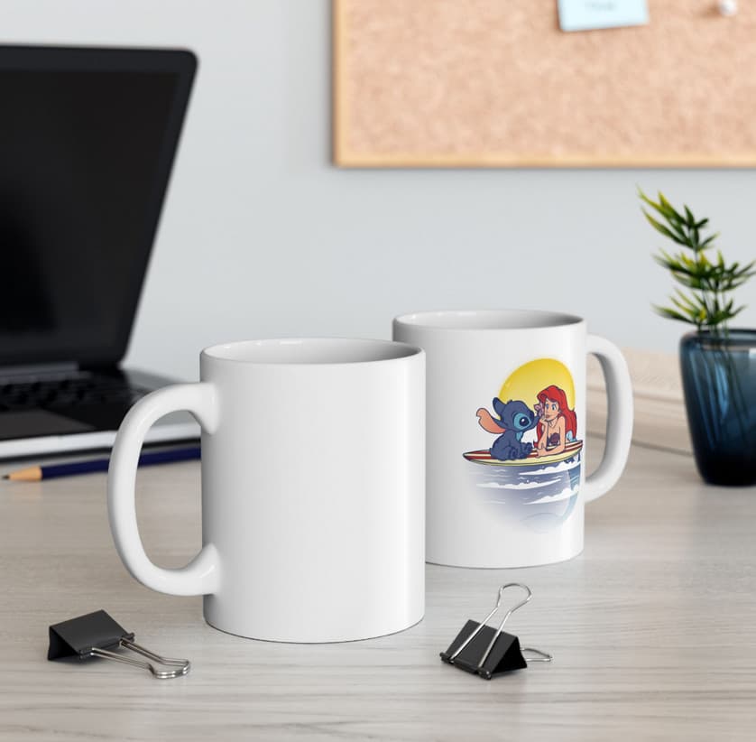 Cana ceramica personalizata, design Stitch si Sirena, 330 ml, alba — varianta 3