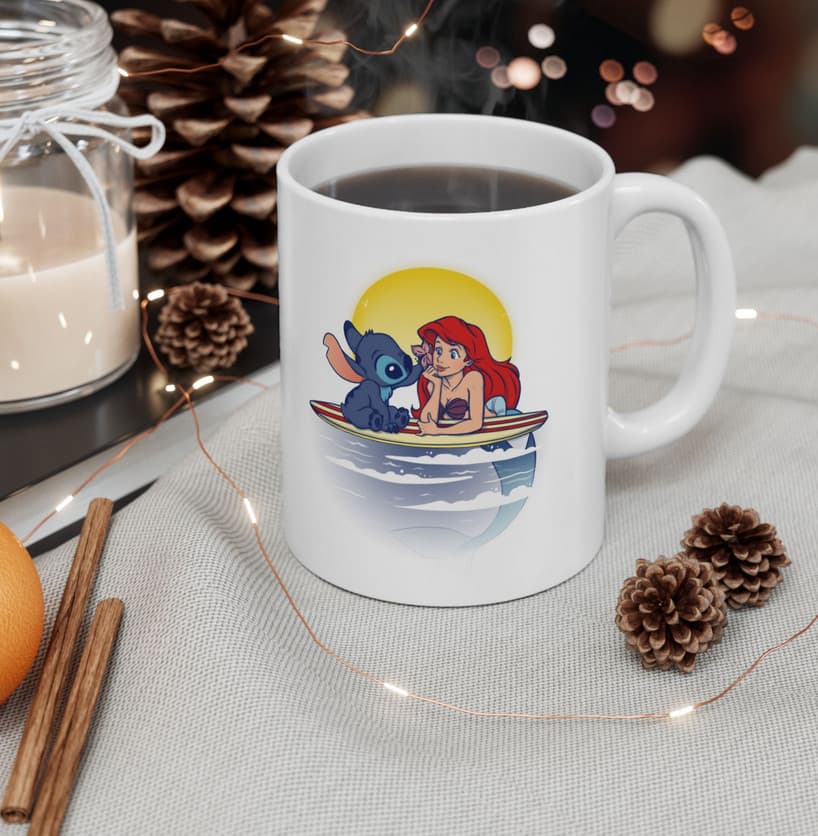 Cana ceramica personalizata, design Stitch si Sirena, 330 ml, alba — varianta 4