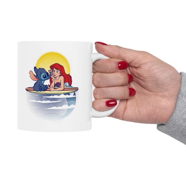 Cana ceramica personalizata, design Stitch si Sirena, 330 ml, alba — varianta 5
