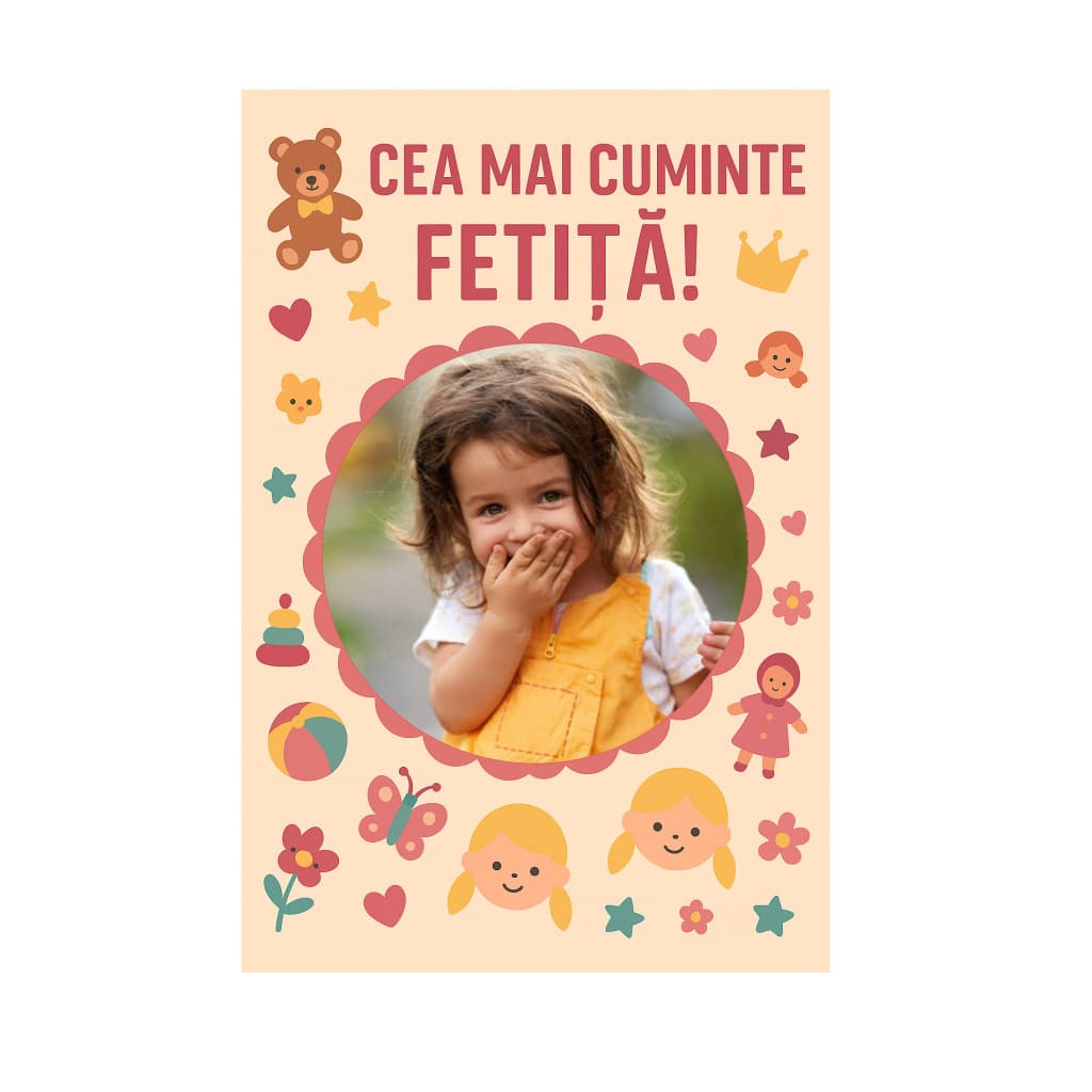 Magnet foto personalizat cu imaginea ta, sidefat, 9.5 x 5 cm, rama Cea mai cuminte fetita