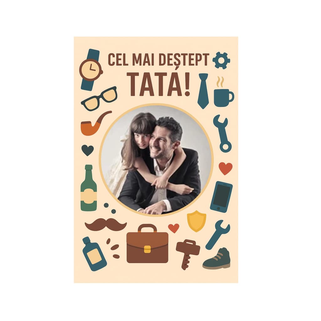Magnet foto personalizat cu imaginea ta, sidefat, 9.5 x 5 cm, rama Cel mai destept tata!