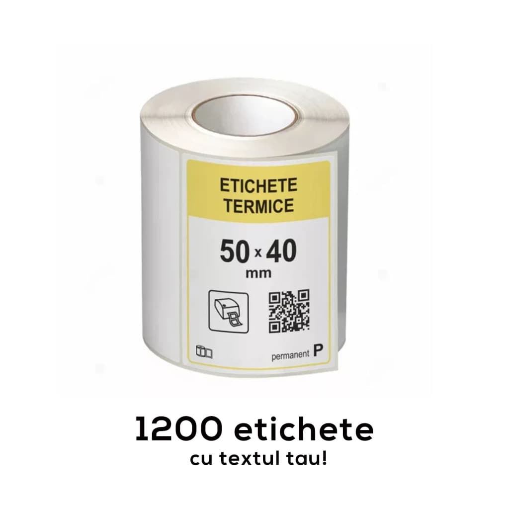 Etichete termice autoadezive la rola, 50 x 40 mm,  imprimate cu textul tau, 1200 etichete