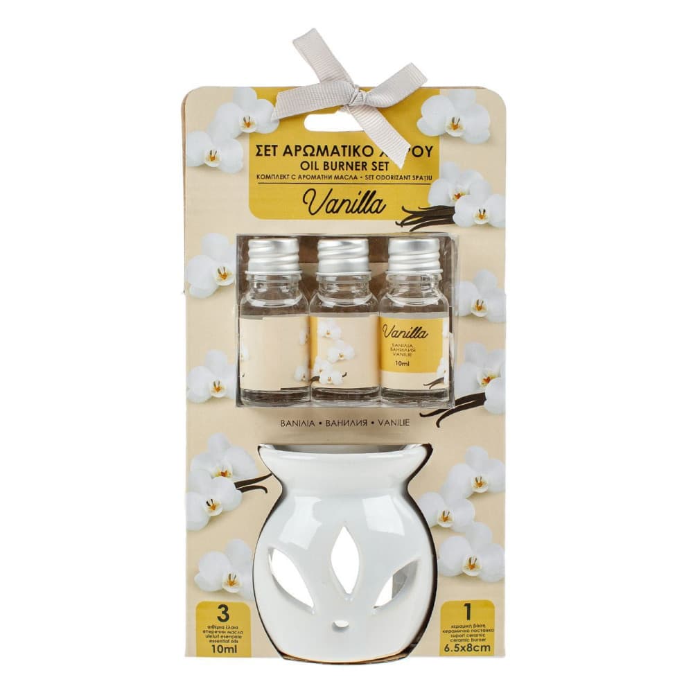 Set suport ceramic alb si 3 sticlute ulei parfumat Vanilla, 3 x 10 ml — varianta 2