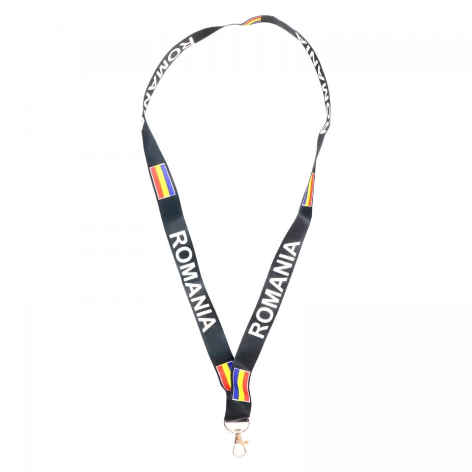 Snur textil cu carabiniera, imprimeu Romania, 45 cm, negru
