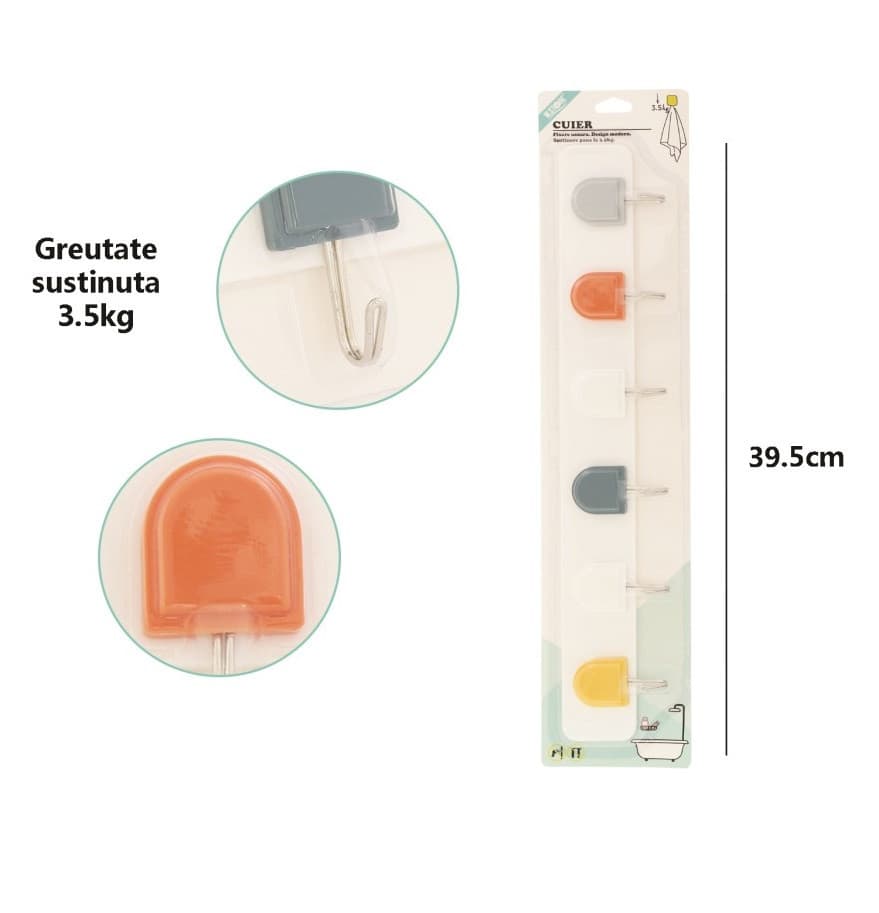 Cuier plastic cu 6 agatatori, greutate maxima 3.5 kg, prindere cu autoadeziv — varianta 2