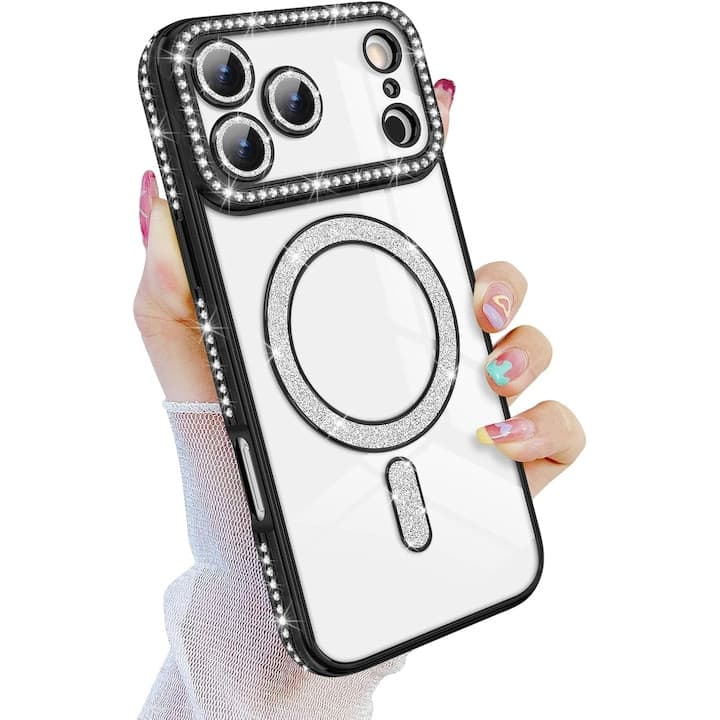 Husa Apple iPhone 17 Pro Max, Electroplating Bling Magsafe, protectie camera, margini negre