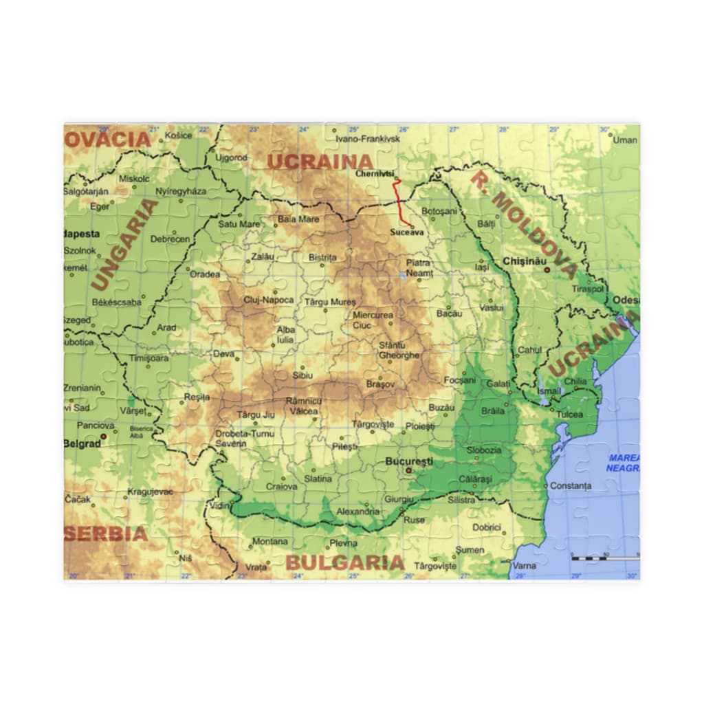 Puzzle 120 piese, 20 x 29 cm, carton alb perlat, harta Romaniei — varianta 2