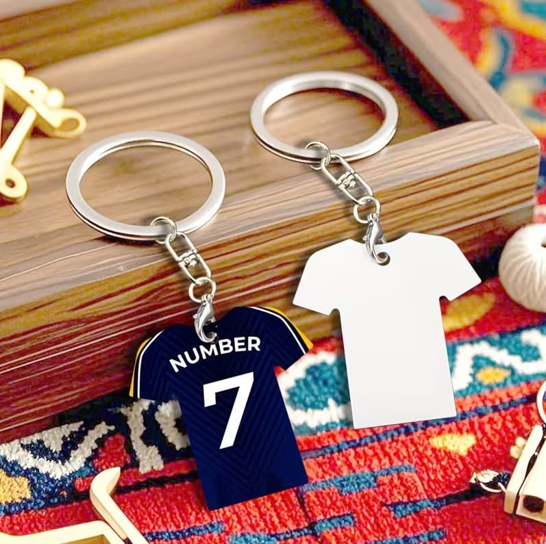Breloc din MDF (lemn) personalizat cu poza ta, inel de sustinere metalic, design tricou, imprimare pe ambele fete