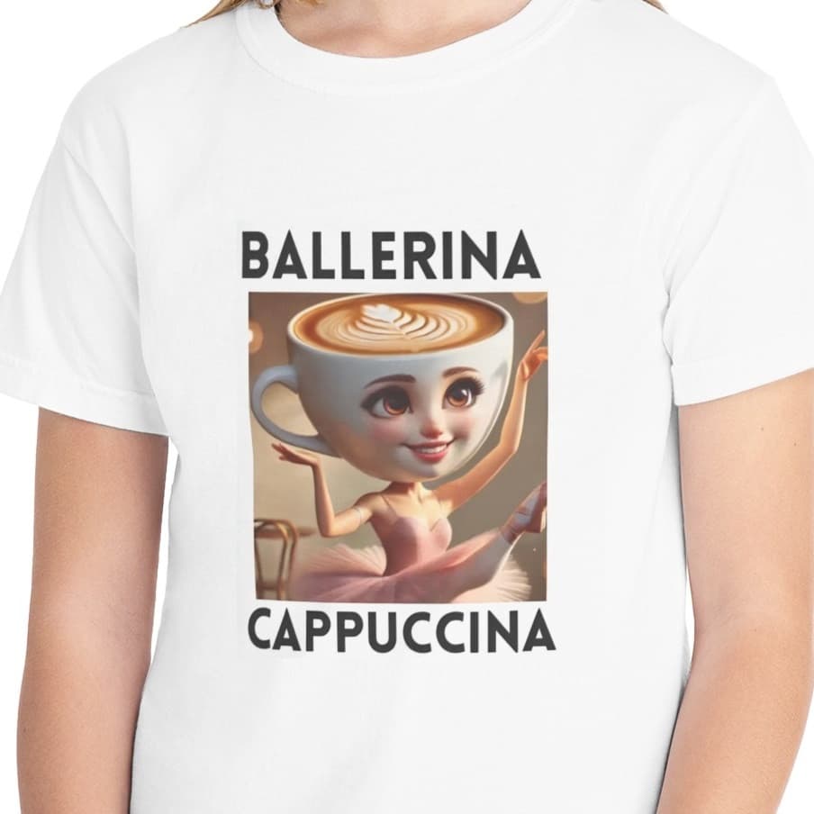 Tricou personalizat alb, copii/adulti, design Ballerina Cappuccina 1, modal, diverse marimi