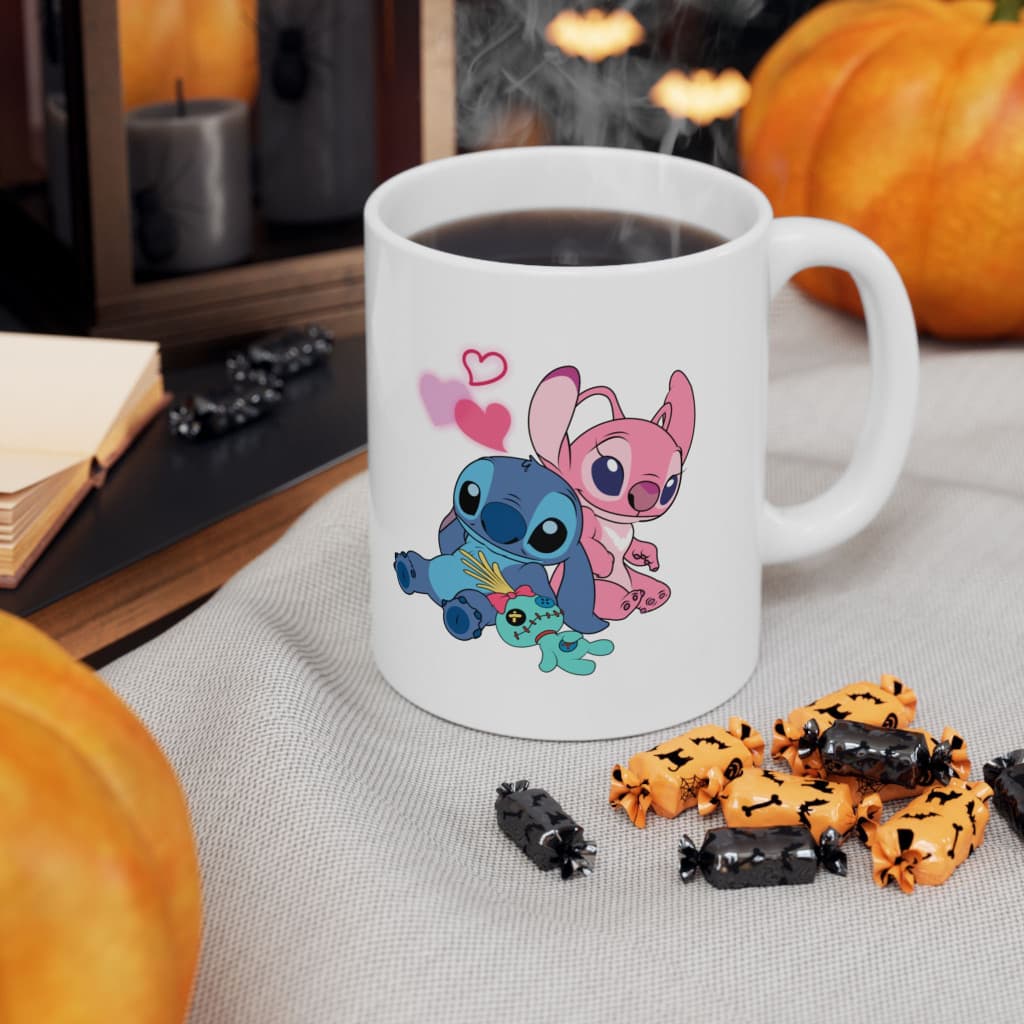 Cana ceramica personalizata, design Stitch in Love, 330 ml, alba — varianta 2