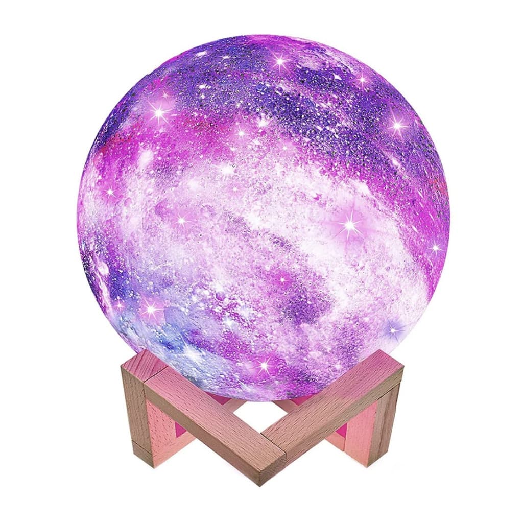 Lampa de veghe in forma de luna cu stele 3D Moon Light, alimentare baterii, stand din lemn inclus, 14 cm