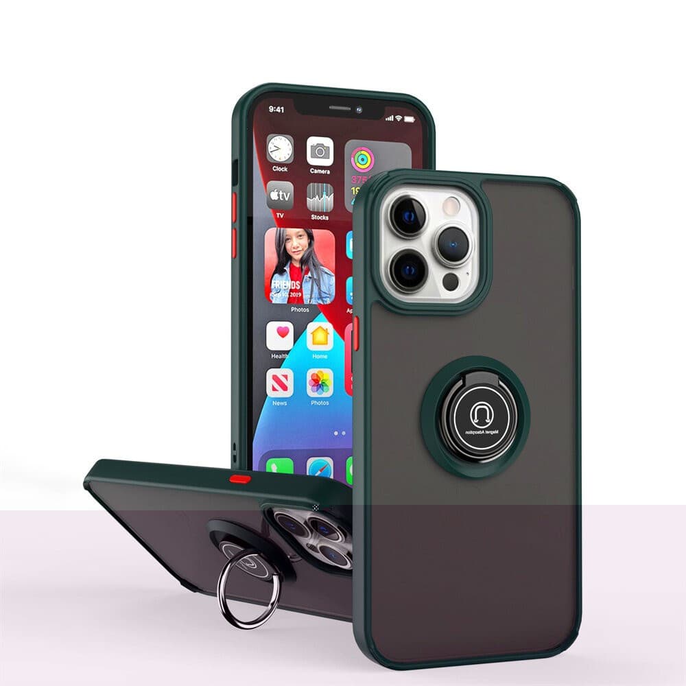 Husa protectie Apple iPhone 12/12 Pro, Metal Bracket, antisoc, inel sustinere, prindere magnetica, margini verzi — varianta 2