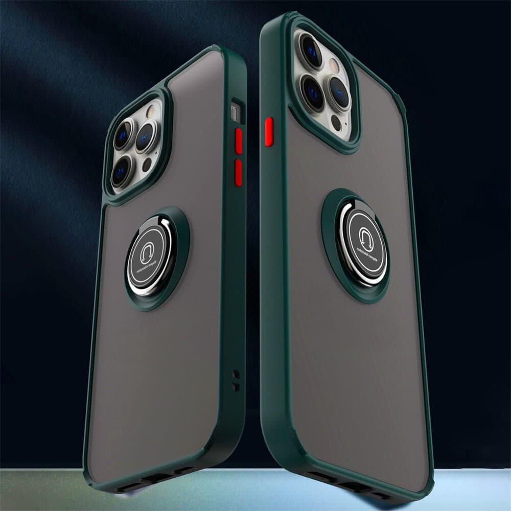 Husa protectie Apple iPhone 12/12 Pro, Metal Bracket, antisoc, inel sustinere, prindere magnetica, margini verzi — varianta 3