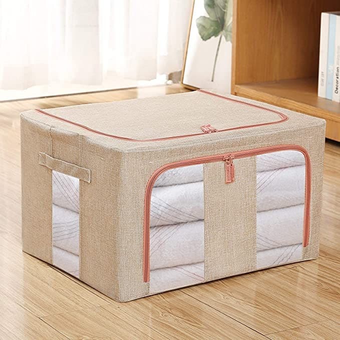 Cutie de depozitare pliabila cu fermoar, 100 litri, 60 X 42 X 40 cm, doua fereastre, cadru metalic, crem — varianta 4