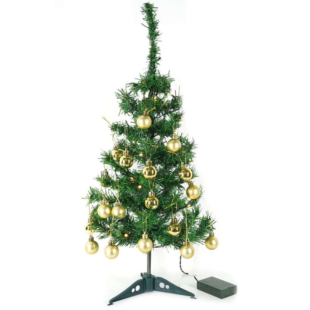 Brad artificial impodobit, 60 cm, suport plastic cu instalatie luminoasa 20 LED alb cald + 20 globuri aurii incluse — varianta 2