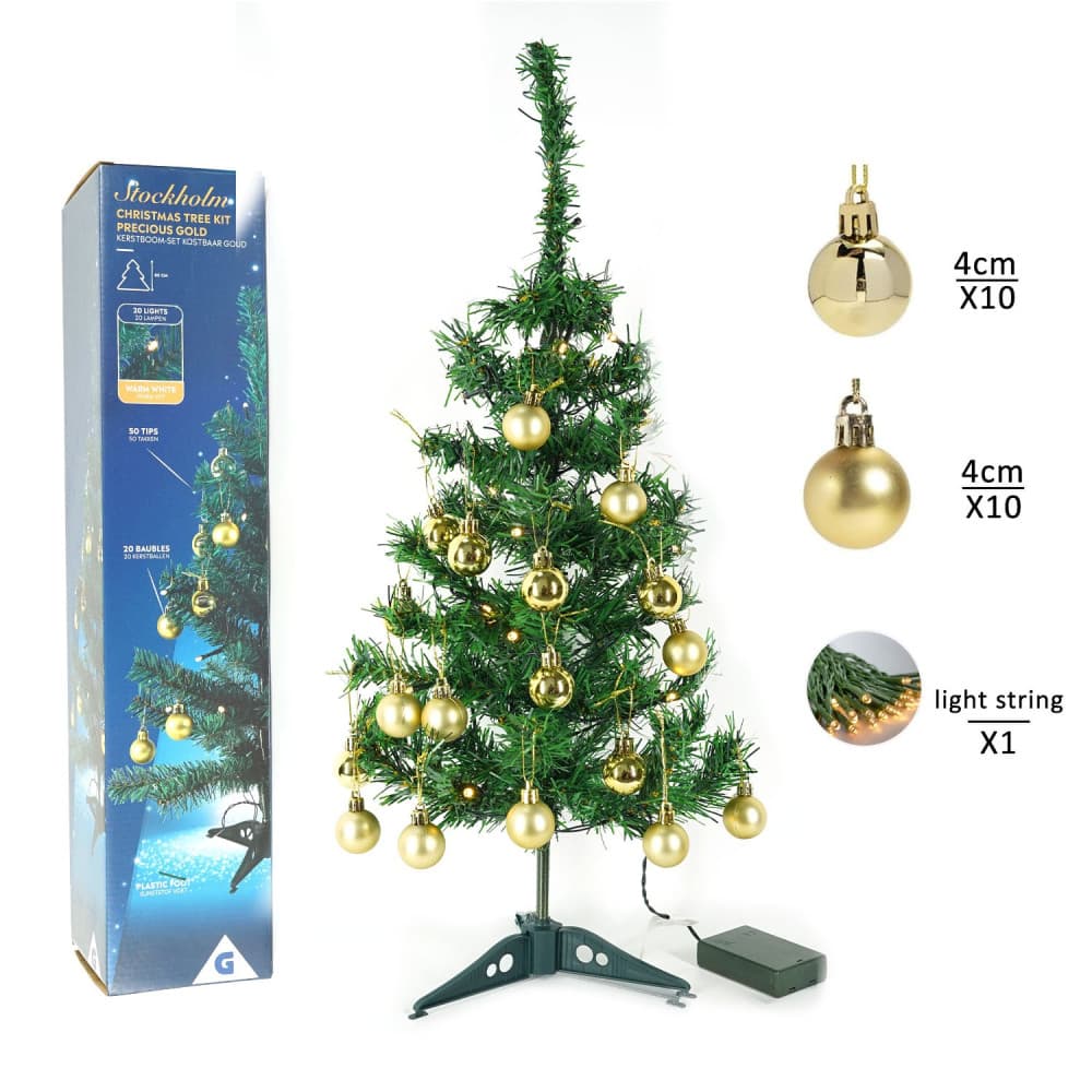 Brad artificial impodobit, 60 cm, suport plastic cu instalatie luminoasa 20 LED alb cald + 20 globuri aurii incluse — varianta 5