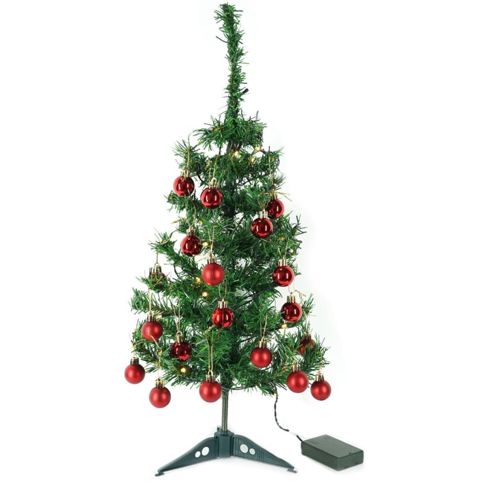 Brad artificial impodobit, 60 cm, suport plastic cu instalatie luminoasa 20 LED alb cald + 20 globuri rosii incluse — varianta 2