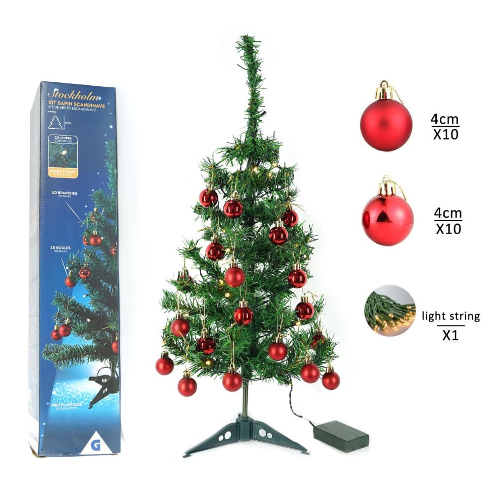 Brad artificial impodobit, 60 cm, suport plastic cu instalatie luminoasa 20 LED alb cald + 20 globuri rosii incluse — varianta 5