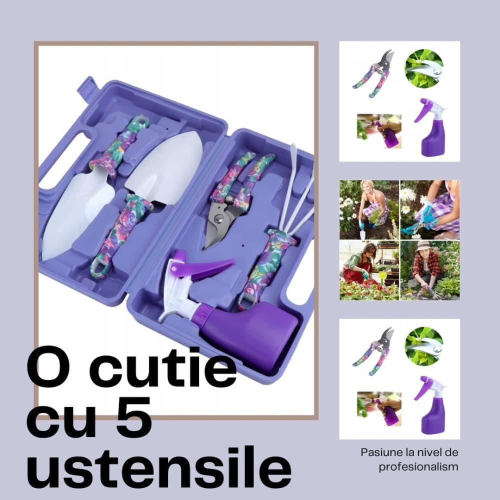 Set 5 accesorii pentru gradinarit, geanta depozitare inclusa, otel inoxidabil, 38 x 29 cm, mov — varianta 2
