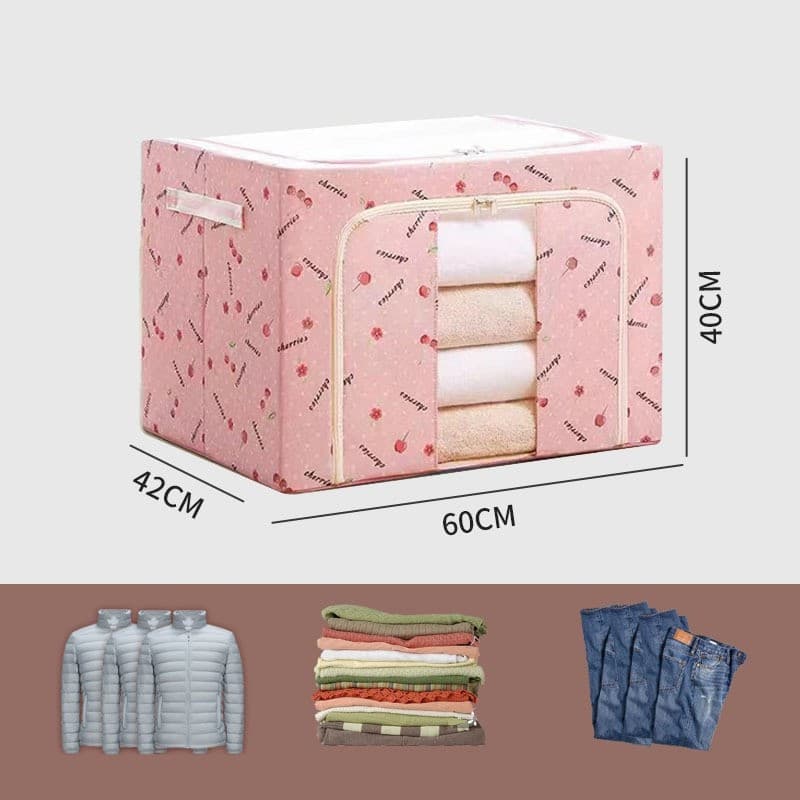 Cutie de depozitare pliabila cu fermoar, 100 litri, material textil, 60 X 42 X 40 cm, imprimeu cirese rosii — varianta 3