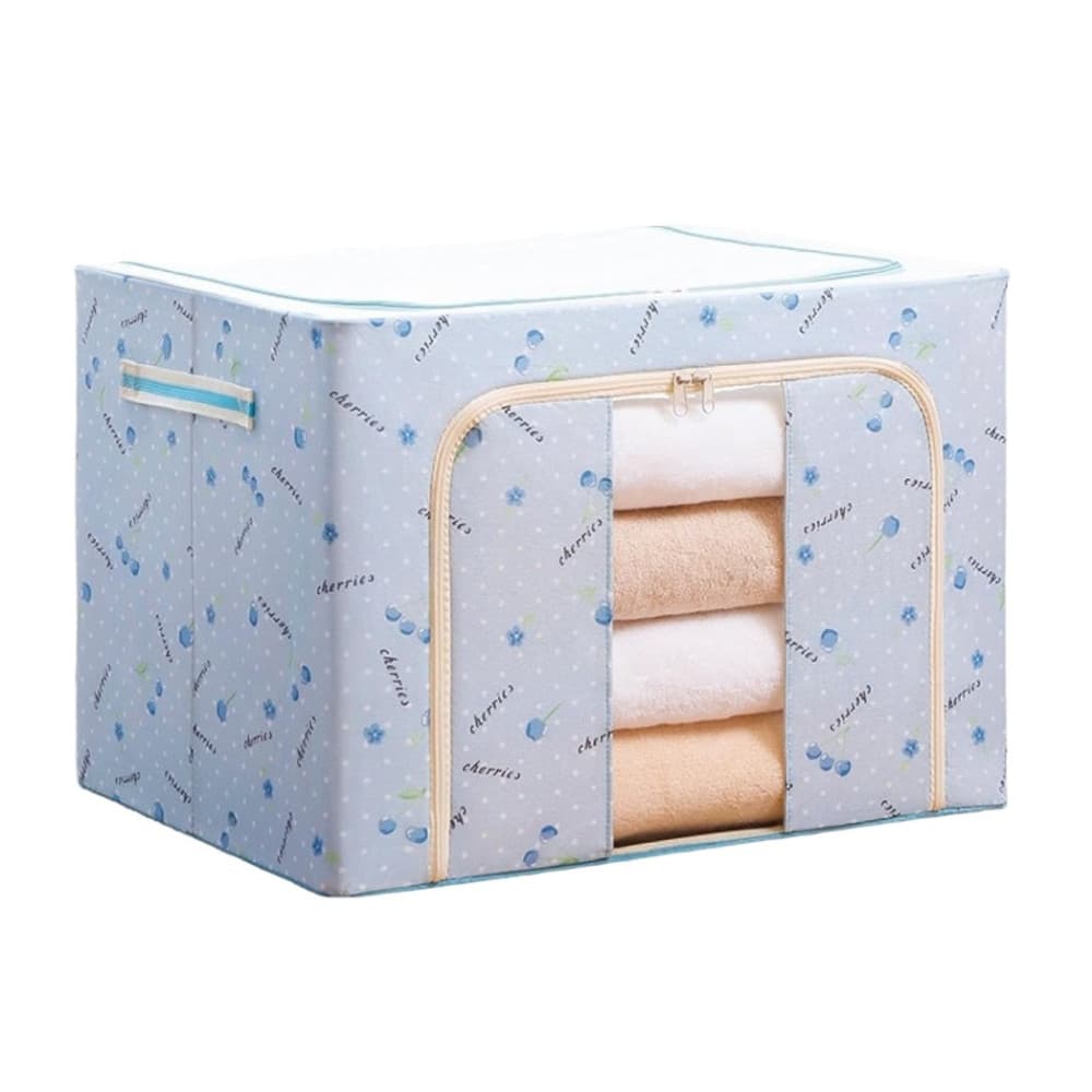 Cutie de depozitare pliabila cu fermoar, 100 litri, material textil, 60 X 42 X 40 cm, imprimeu cirese albastre