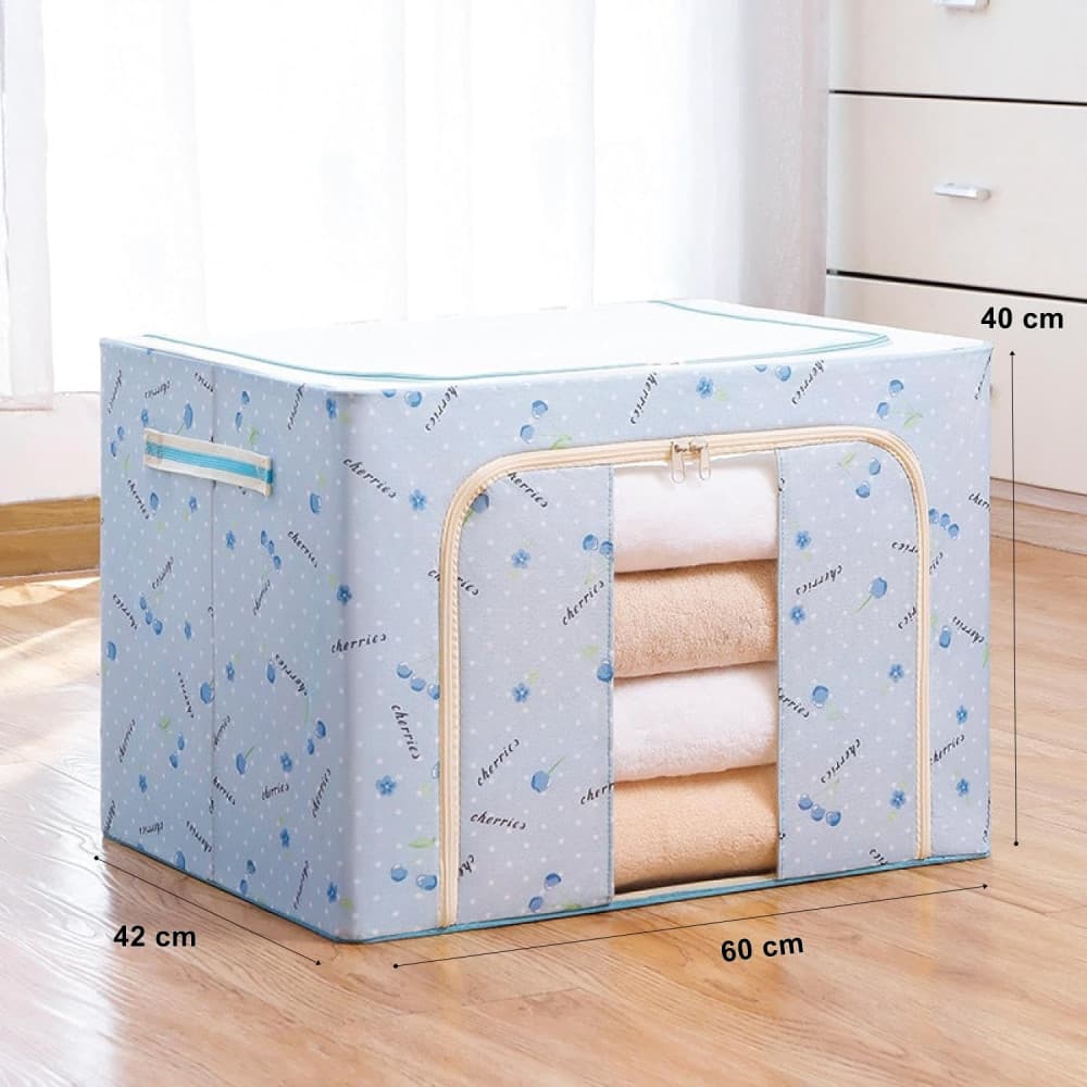 Cutie de depozitare pliabila cu fermoar, 100 litri, material textil, 60 X 42 X 40 cm, imprimeu cirese albastre — varianta 2