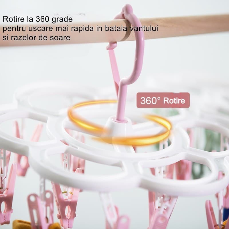 Uscator de Rufe cu 16 carlige, suspendat, rotire 360 grade, plastic, multifunctional, 26 x 21 cm, roz — varianta 2