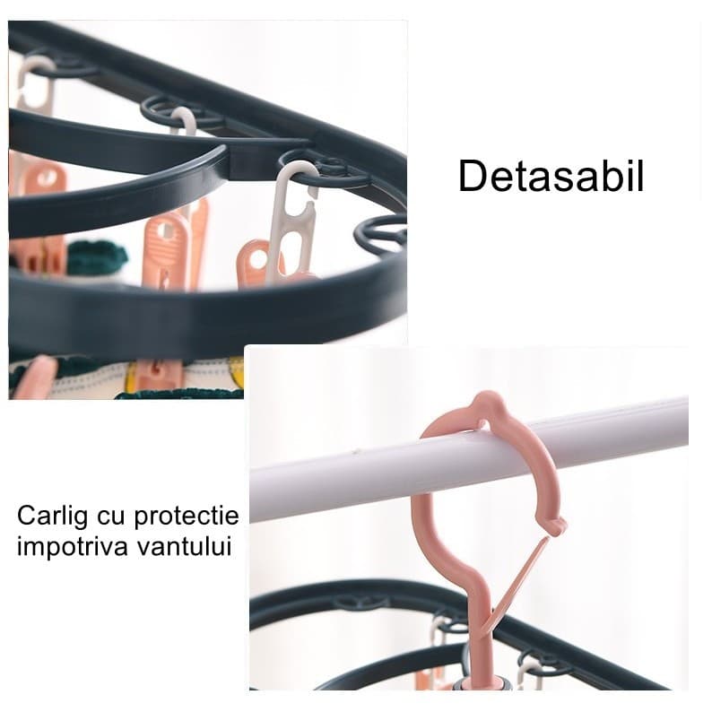 Uscator de Rufe Suspendat , cu 12 Carlige, Rotire 360 Grade, Protectie Vant, Mateiral Plastic, Usor de Depozitat, Multifunctional, 30 x 12.5 cm, Albastru/Roz — varianta 2