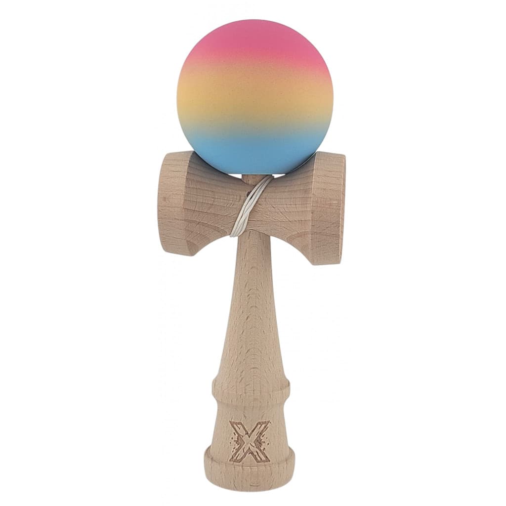 Jucarie lemn Kendama X, originala, profesionala, Rubber Grip, roz/galben/albastru