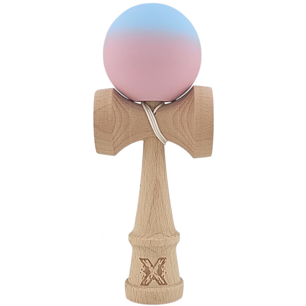Jucarie lemn Kendama X, originala, profesionala, Rubber Grip, albastru/roz