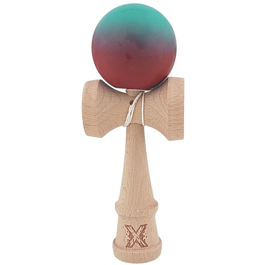 Jucarie lemn Kendama X, originala, profesionala, Rubber Grip, rosu/verde