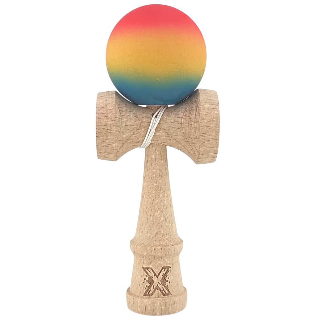 Jucarie lemn Kendama, 18 cm, gradient rosu/galben/albastru