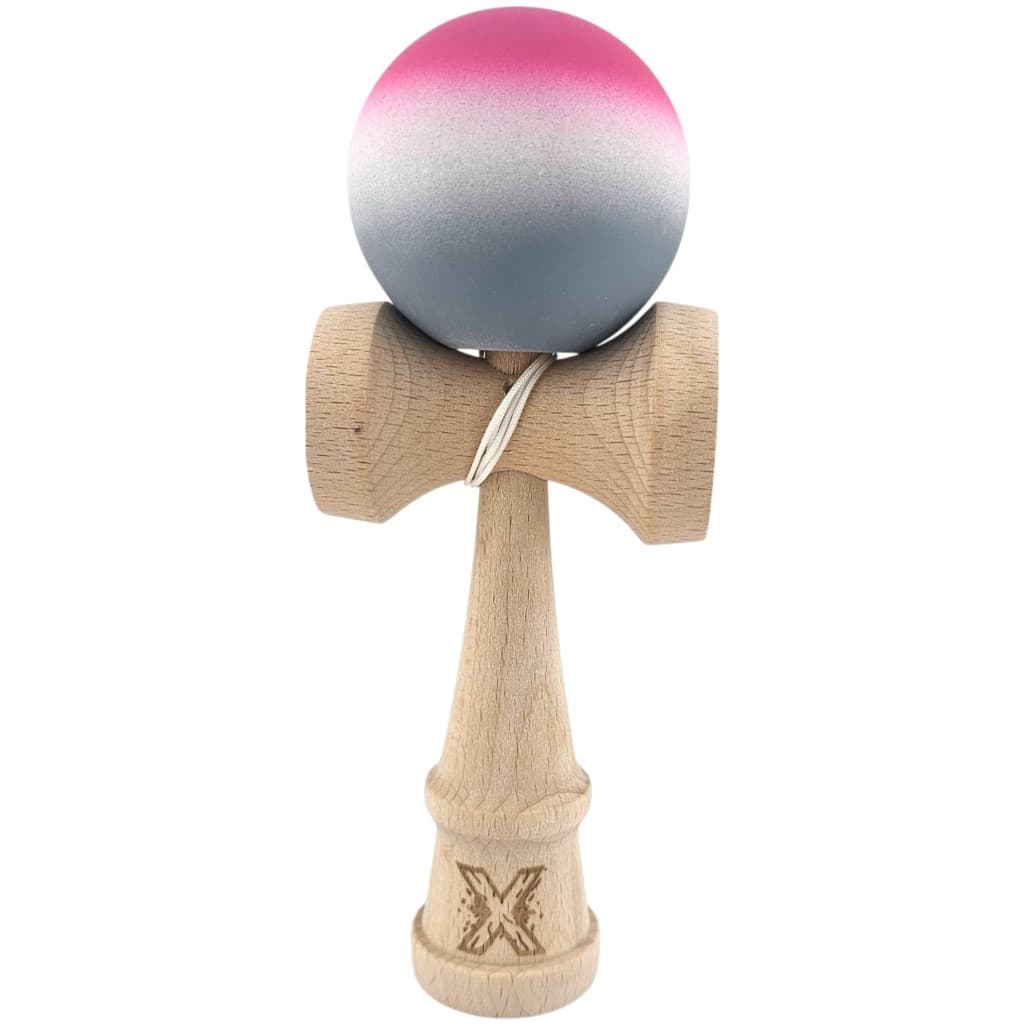 Jucarie lemn Kendama X, originala, profesionala, Rubber Grip, roz/alb/gri