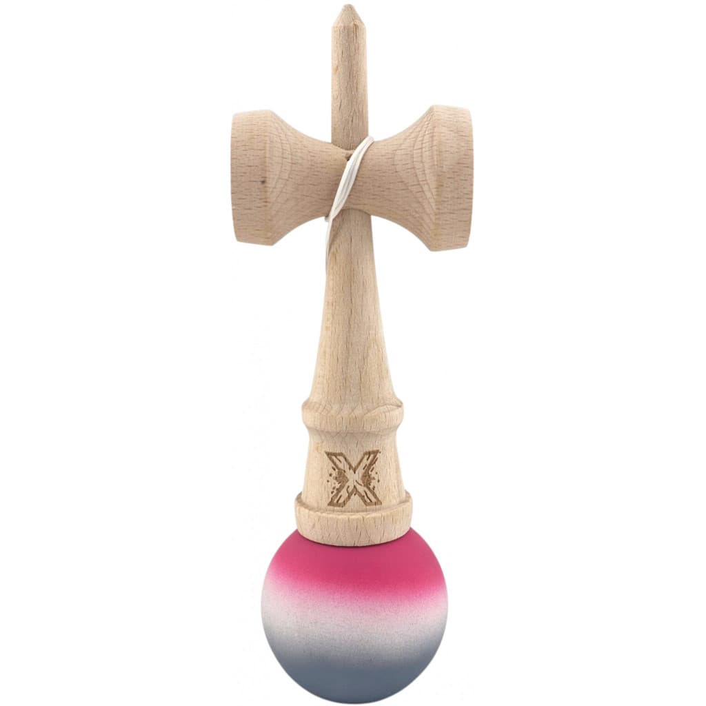 Jucarie lemn Kendama X, originala, profesionala, Rubber Grip, roz/alb/gri — varianta 2