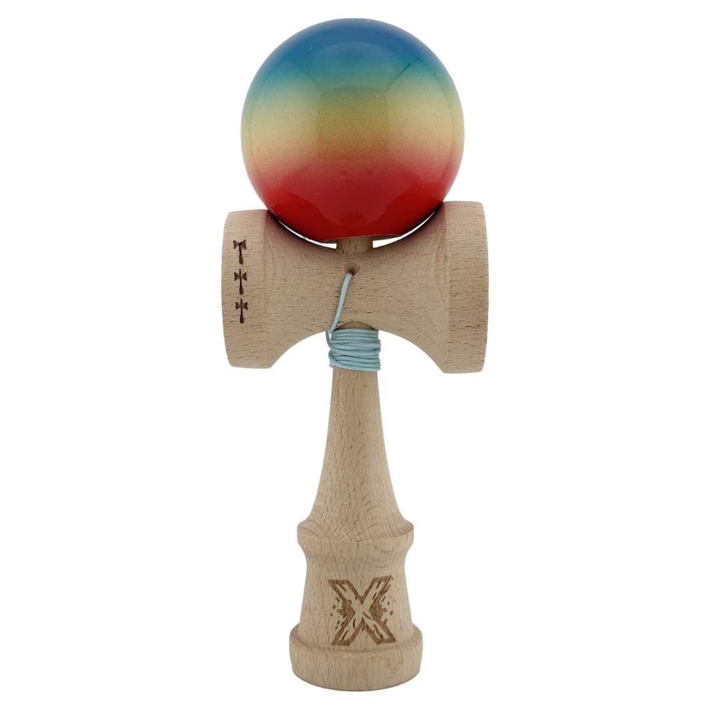 Jucarie lemn Kendama X, Super Sticky, cupe mari V2, rulment, ata rezerva, rosu/galben/albastru