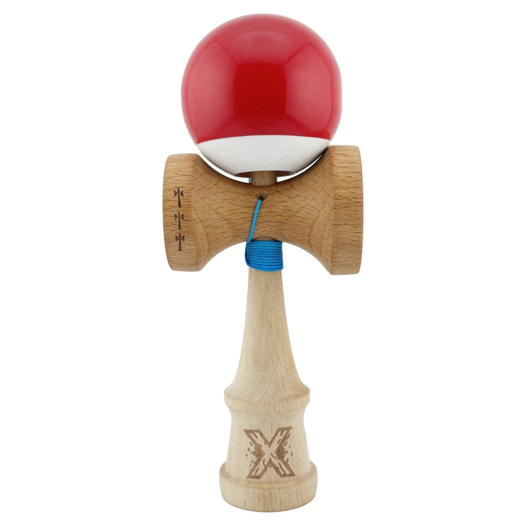 Jucarie lemn Kendama X, Super Sticky, cupe mari V2, gaura in basecup, rulment, ata rezerva, rosu/alb