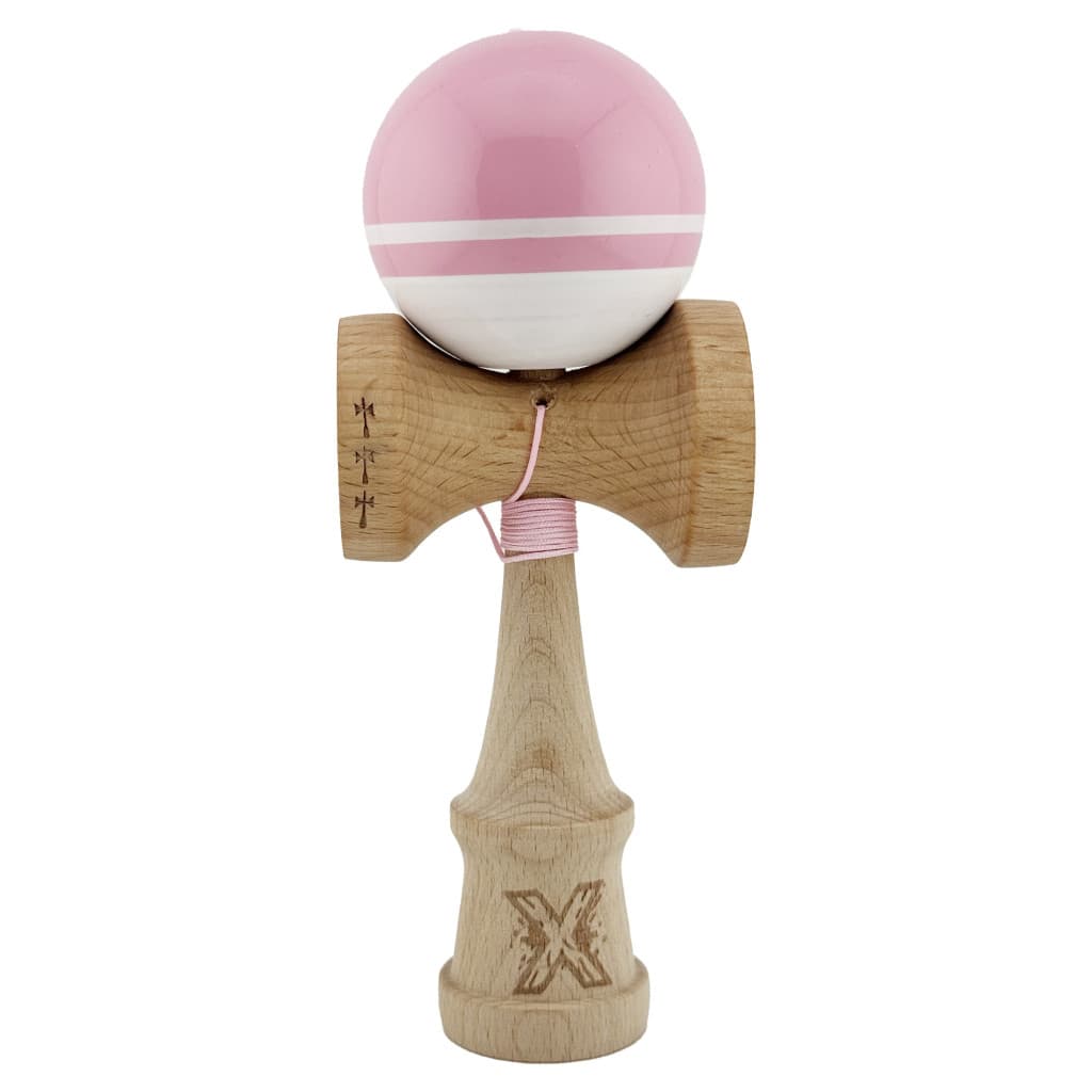 Jucarie lemn Kendama X, Super Sticky, cupe mari V2, gaura in basecup, rulment, ata rezerva, roz/alb