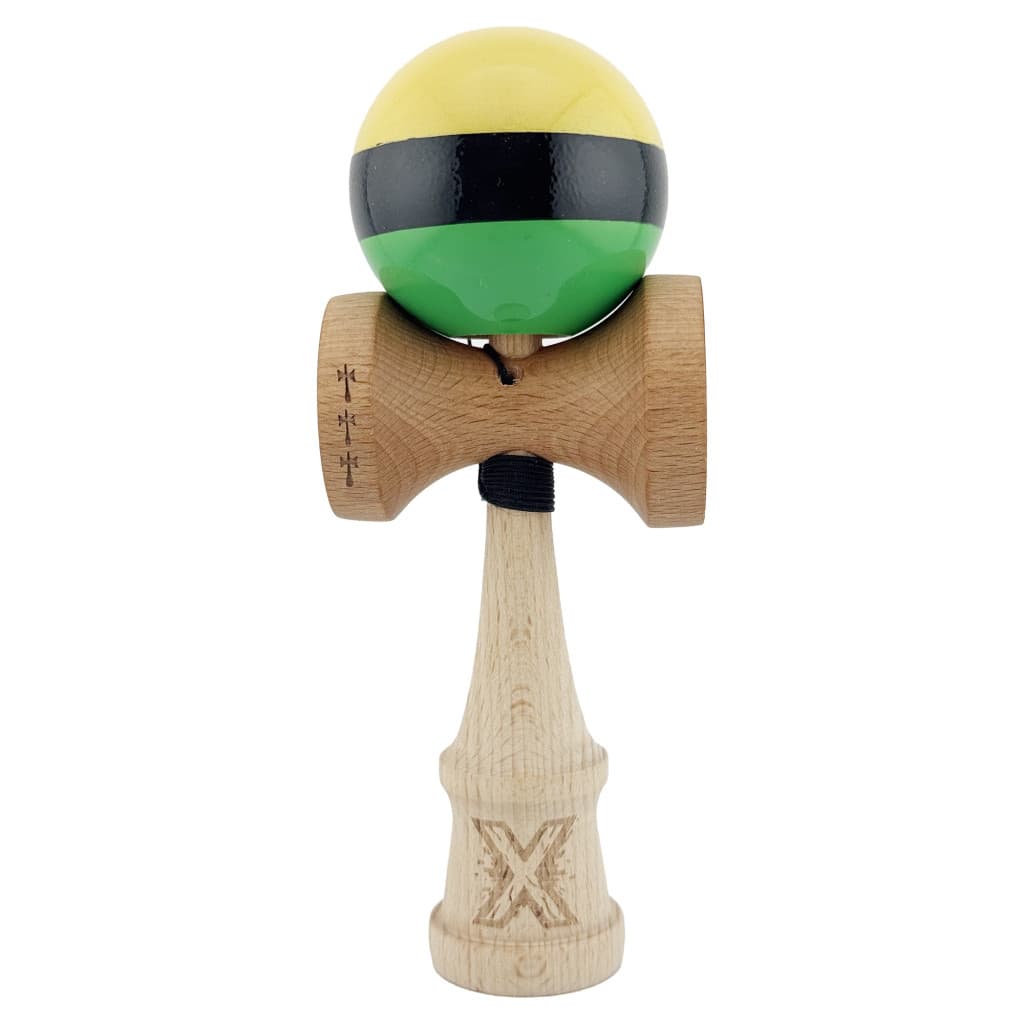 Jucarie lemn Kendama X, Super Sticky, cupe mari V2, gaura in basecup, rulment, ata rezerva, galben/negru/verde