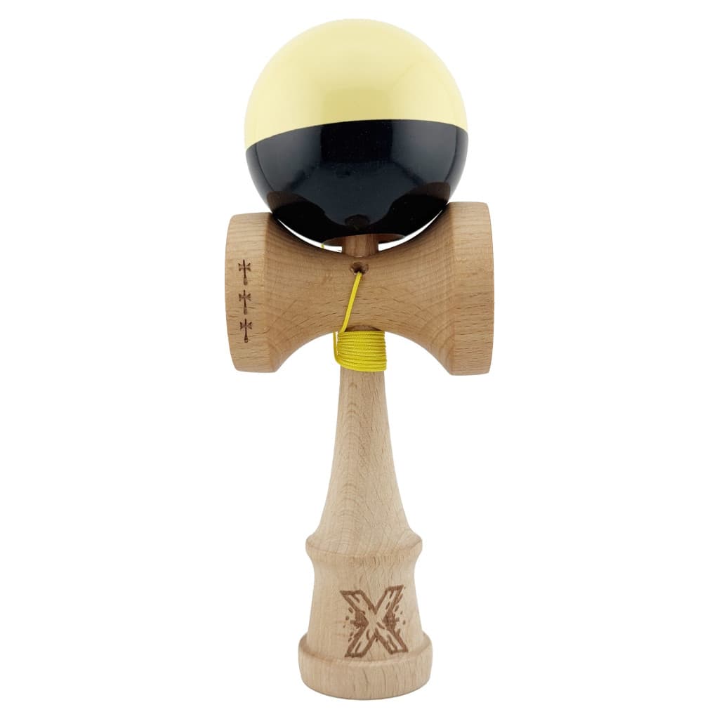 Jucarie lemn Kendama X, Super Sticky, cupe mari V2, gaura in basecup, rulment, ata rezerva, galben/negru