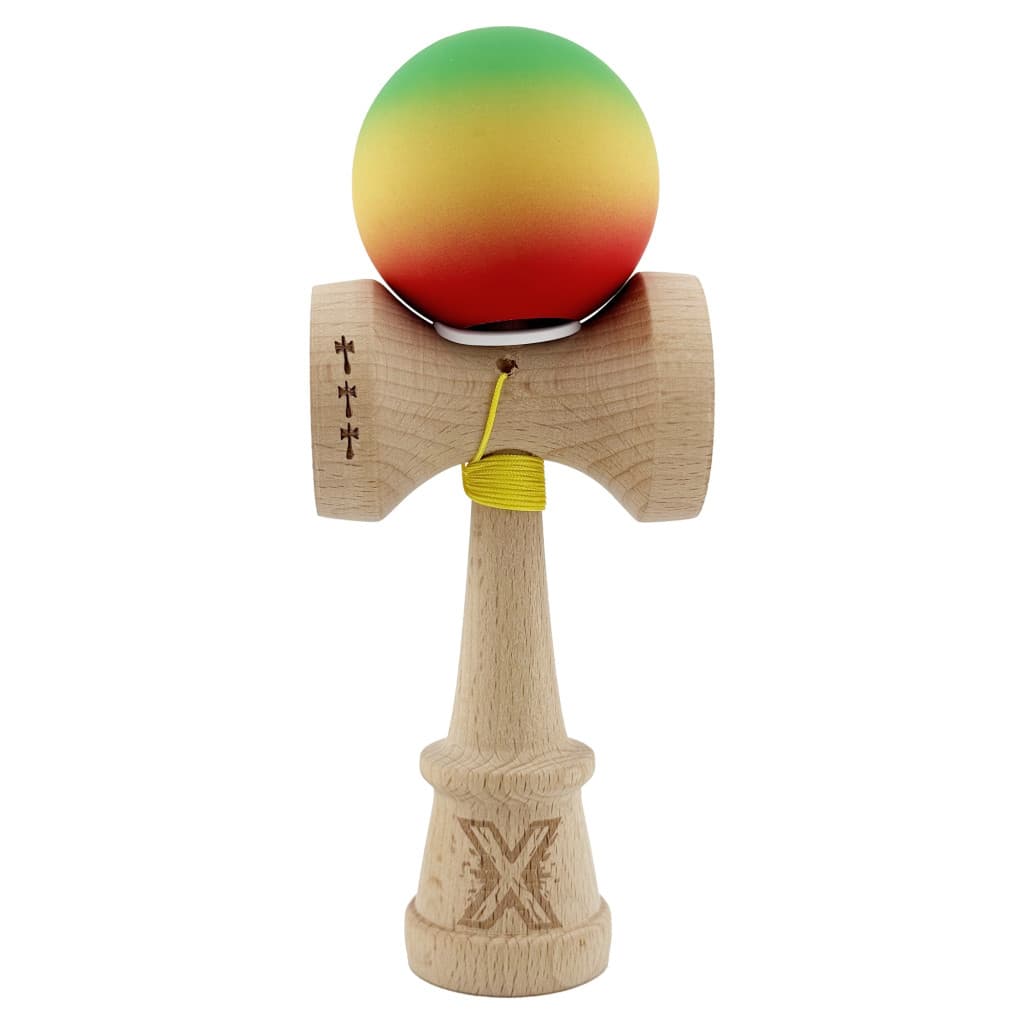 Jucarie lemn Kendama X, Rubber Grip, cupe mari V3, gaura in basecup, rulment, ata rezerva, verde/galben/rosu