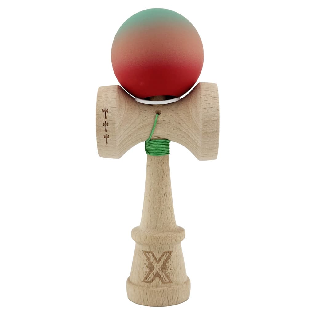 Jucarie lemn Kendama X, Rubber Grip, cupe mari V3, gaura in basecup, rulment, ata rezerva, verde/roz/rosu