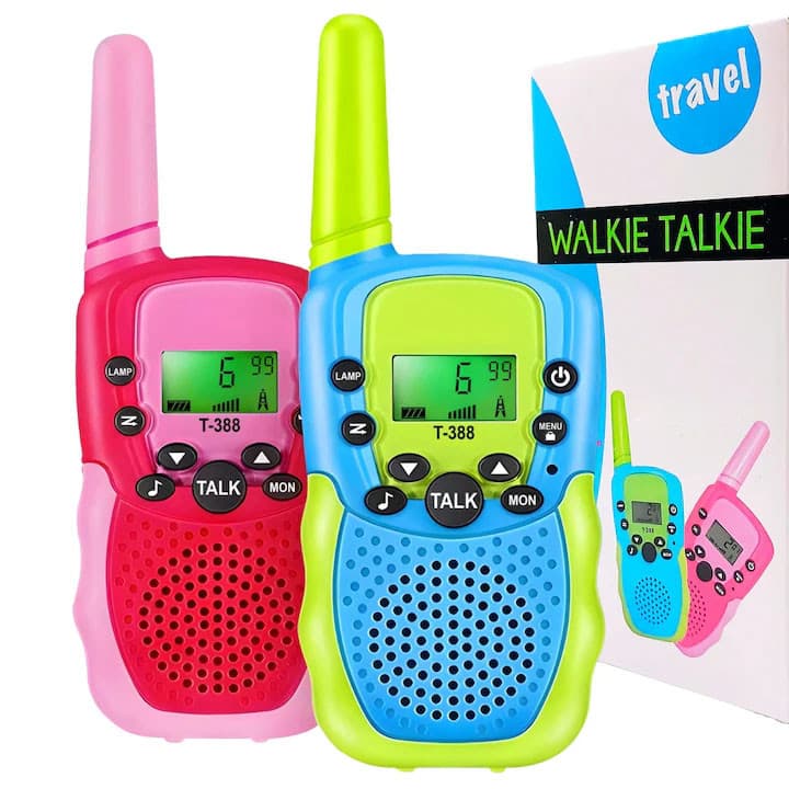 Set 2 Walkie Talkie pentru copii, T-388, ecran LCD, 6 km, 22 canale, albastru/roz