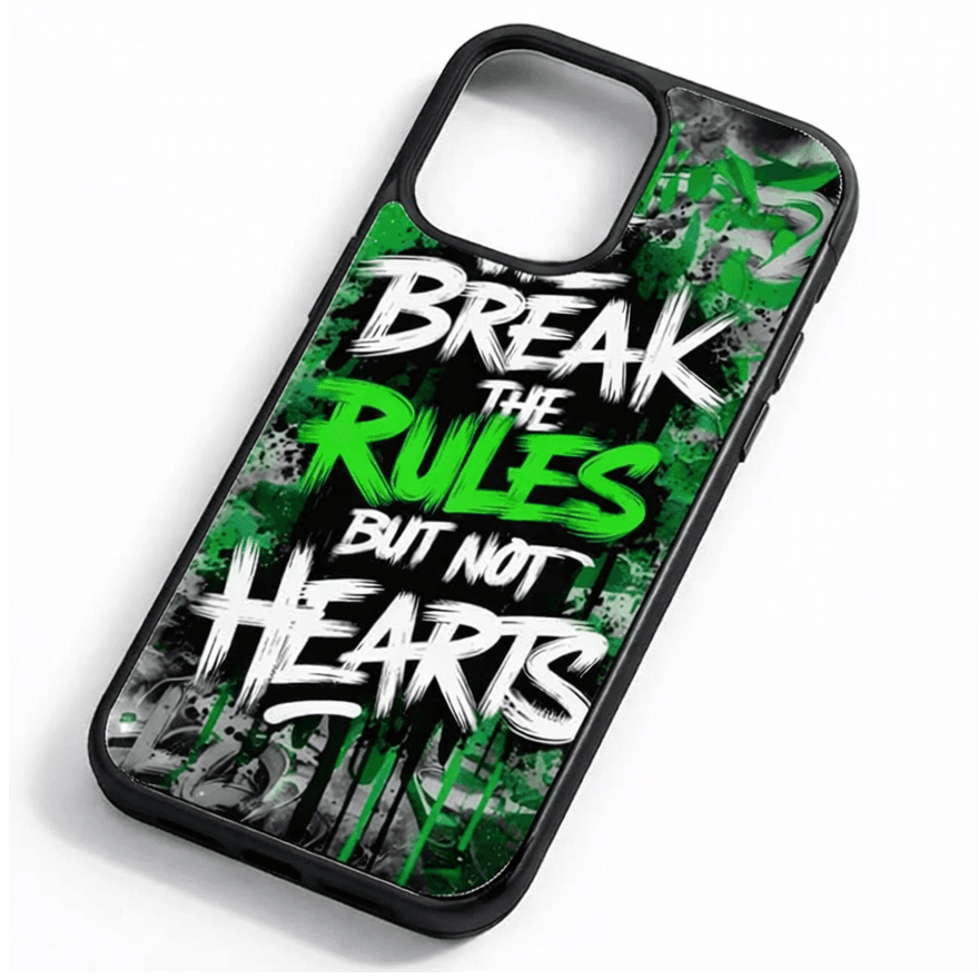 Husă iPhone 16 — design „Break the Rules”, verde lime și alb pe negru — varianta 2