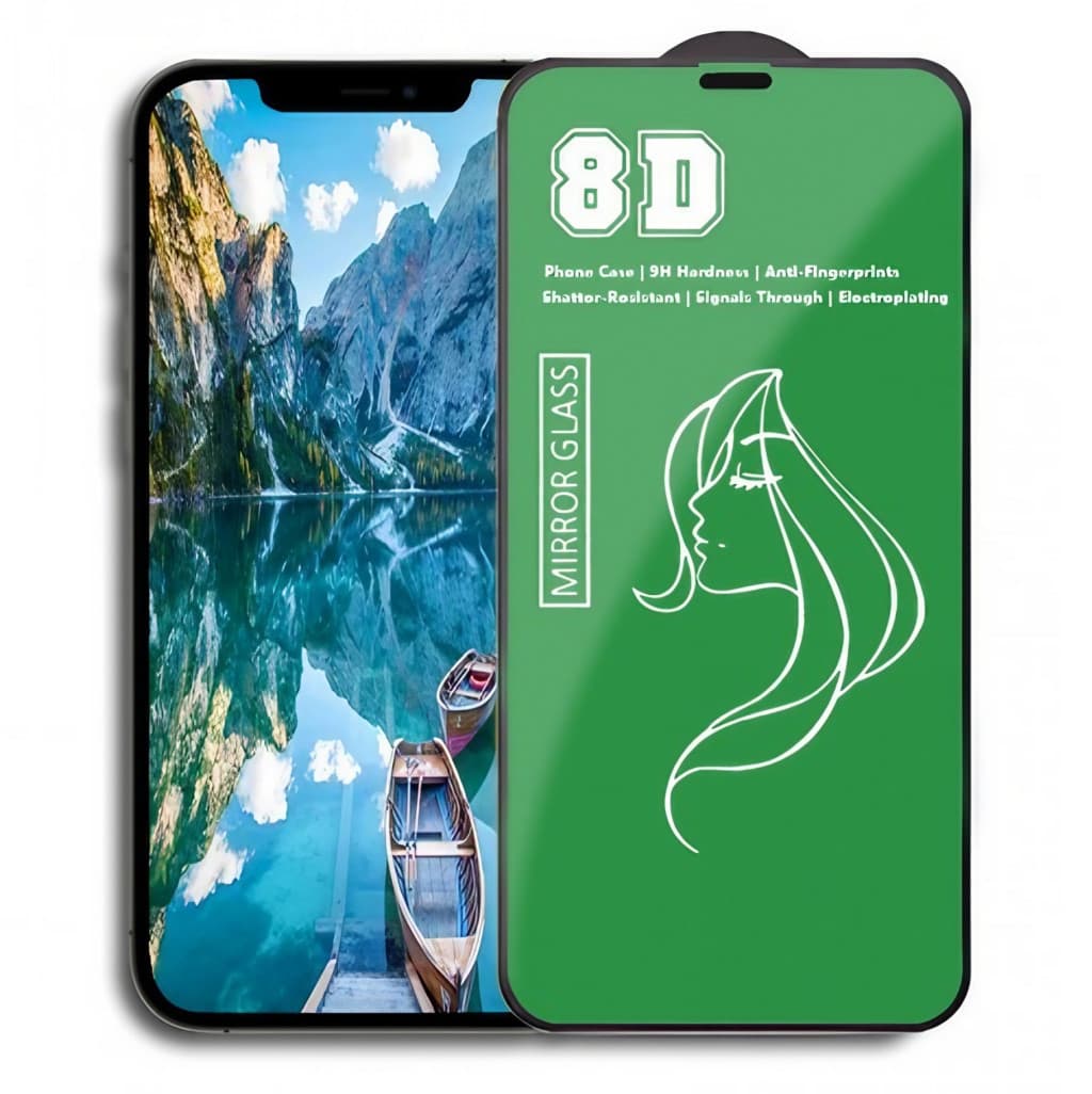 Folie de sticla Apple iPhone 15 Plus, Full Glue 8D Mirror Glass, efect oglinda, reflexie verde, margini negre 1