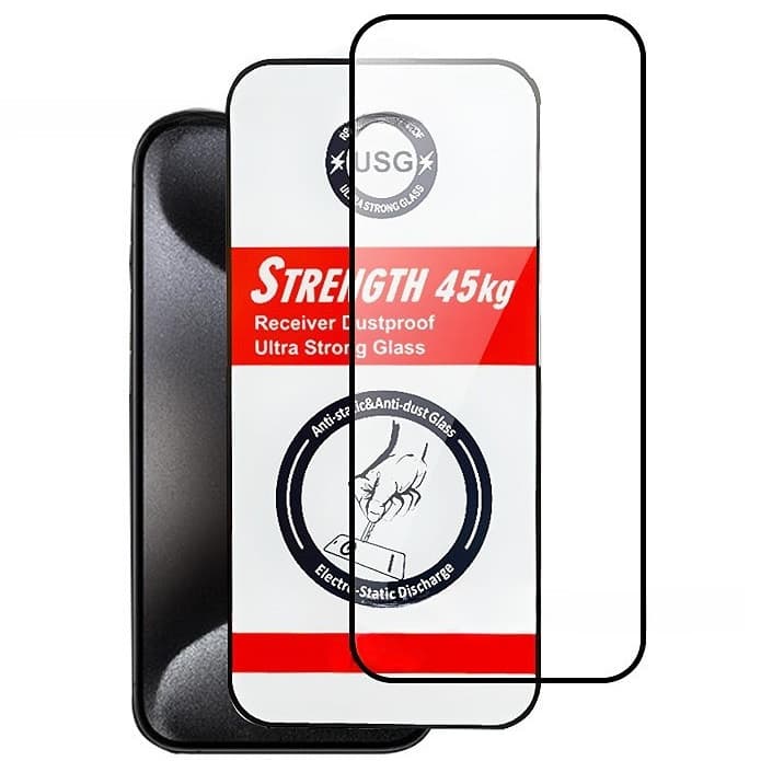 Folie de sticla Apple iPhone 15 Plus, Full Glue USG, rezistenta 45 kg, margini negre 1