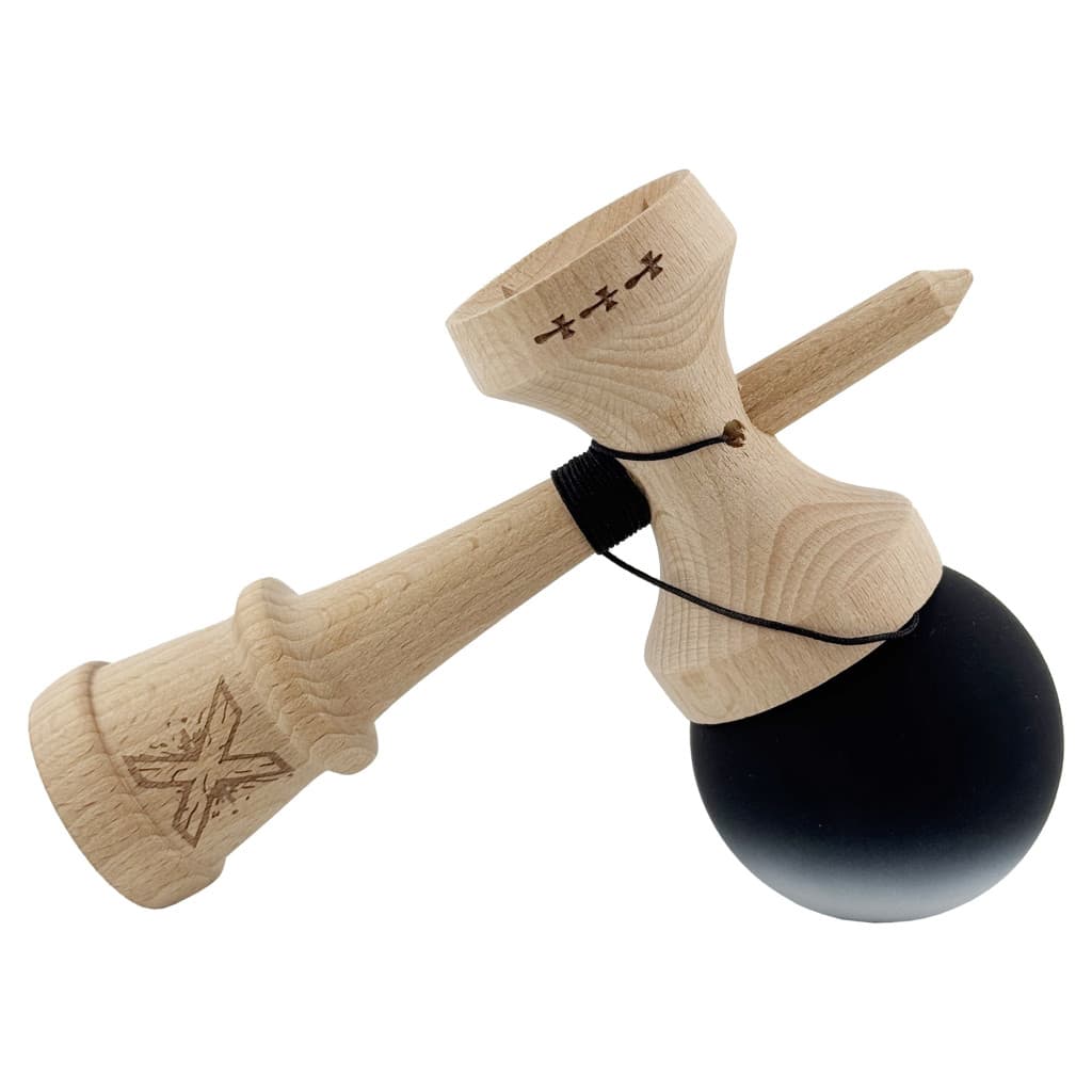 Jucarie lemn Kendama X, Rubber Grip, cupe mari V3, gaura in basecup, rulment, ata rezerva, negru/alb — 3