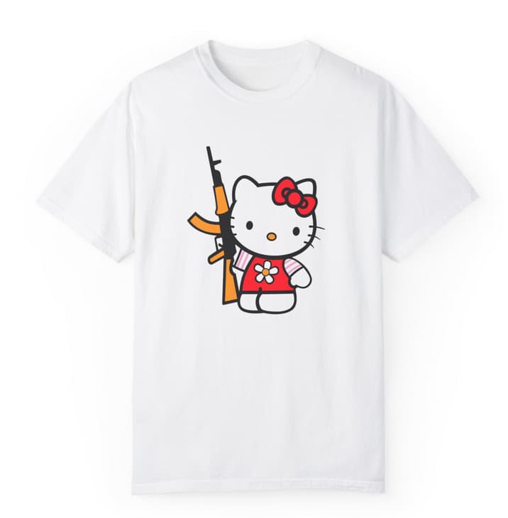 Tricou personalizat alb, copii/adulti, design Kitty with gun, modal, diverse marimi — 2